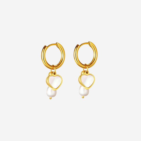 Pearlie Heart Pendant with Mother of Pearl Inlay and Pearl Charm Huggie Hoop Earrings