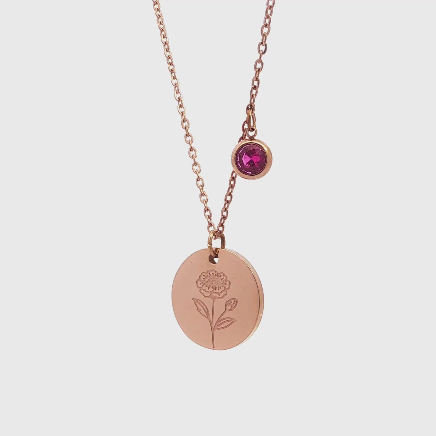 October Birth Flower with Birth Stone Engravable Pendant Chain Necklace