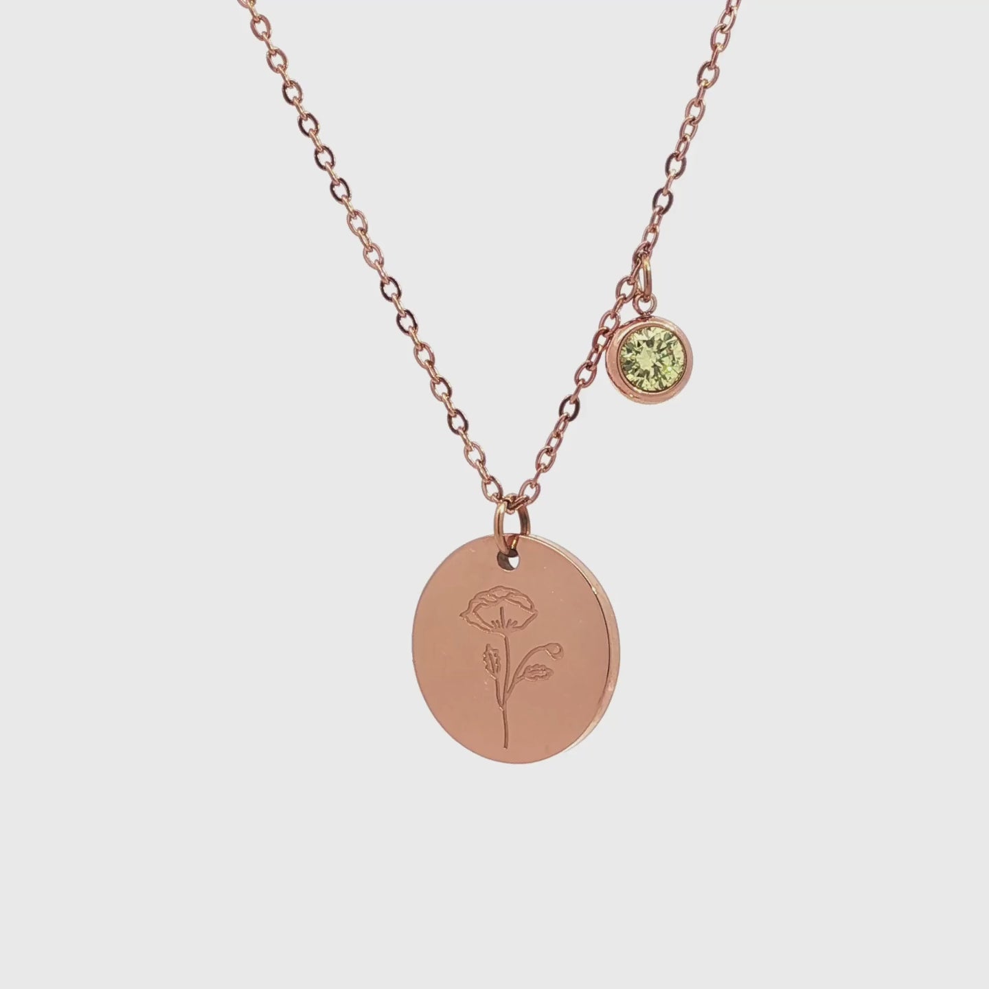 August Birth Flower with Birth Stone Engravable Pendant Chain Necklace