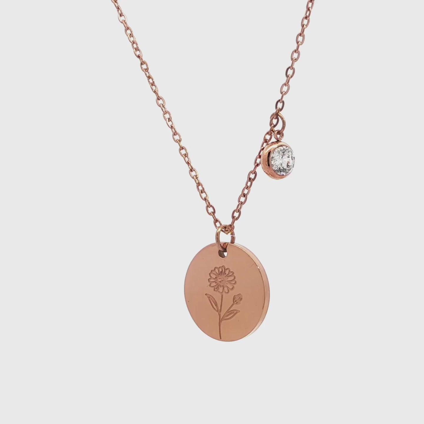 April Birth Flower with Birth Stone Engravable Pendant Chain Necklace