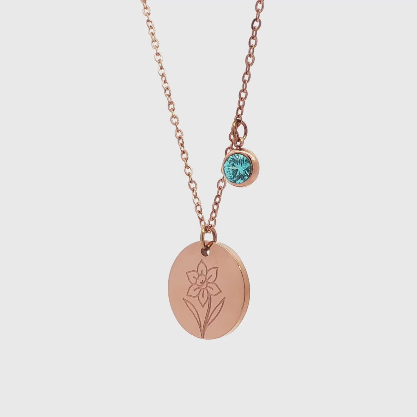 March Birth Flower with Birth Stone Engravable Pendant Chain Necklace