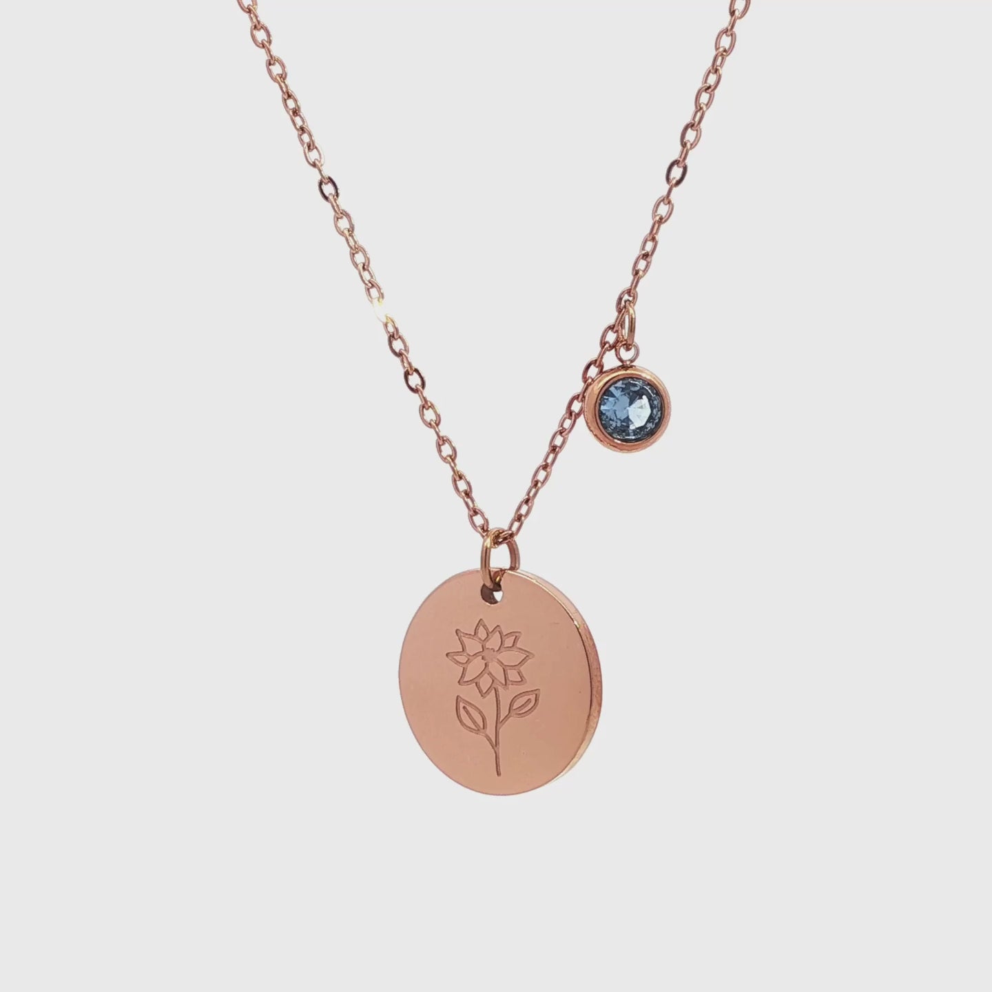 December Birth Flower with Birth Stone Engravable Pendant Chain Necklace