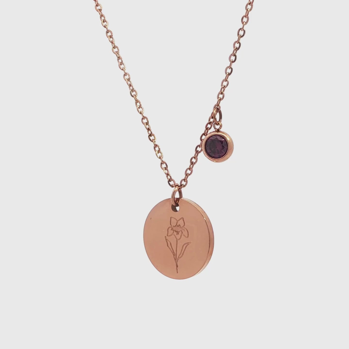 February Birth Flower with Birth Stone Engravable Pendant Chain Necklace