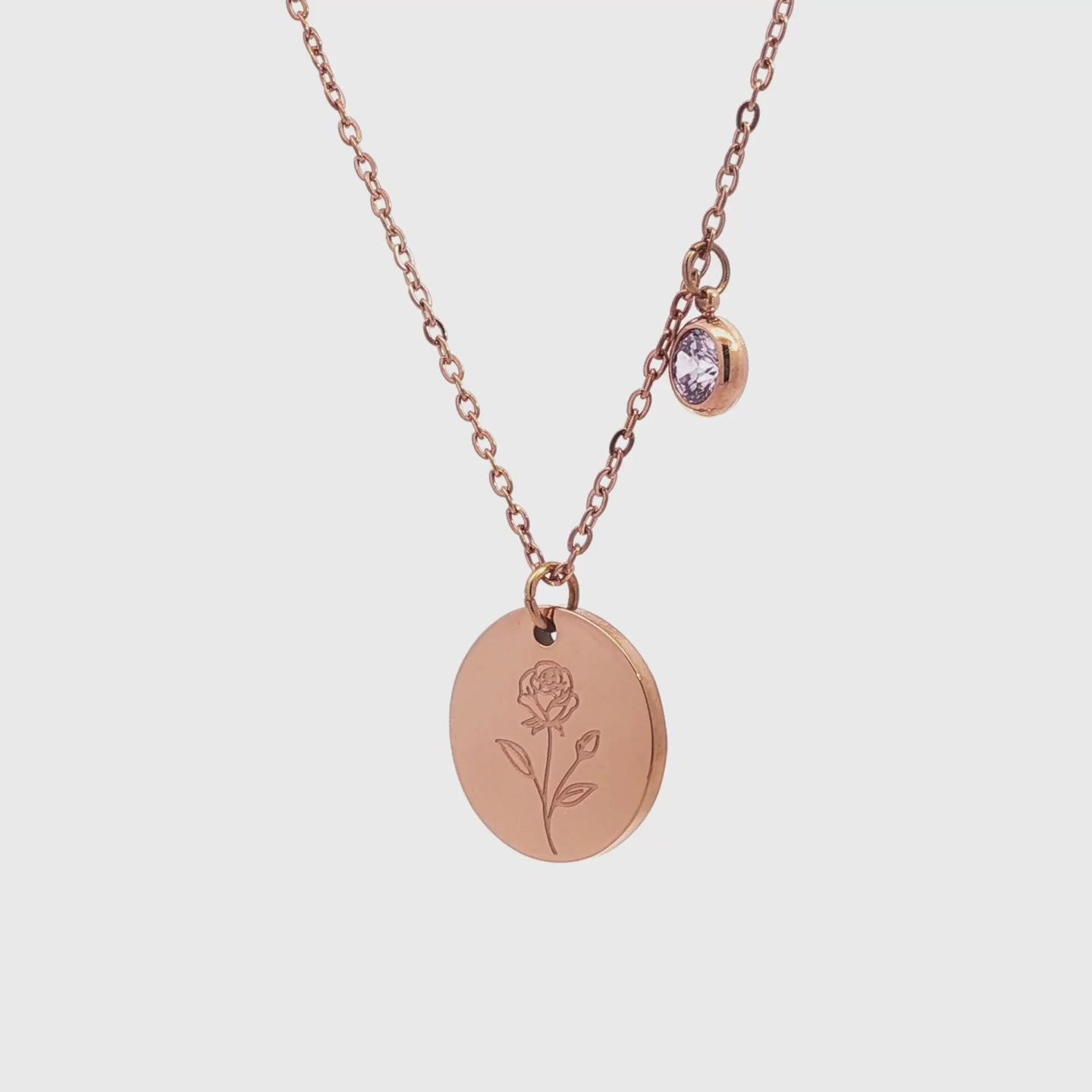 June Birth Flower with Birth Stone Engravable Pendant Chain Necklace