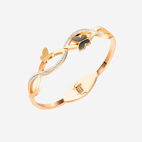 Yara Black Butterfly Entwined with Cubic Zirconia Cuff Bangle in Rose Gold