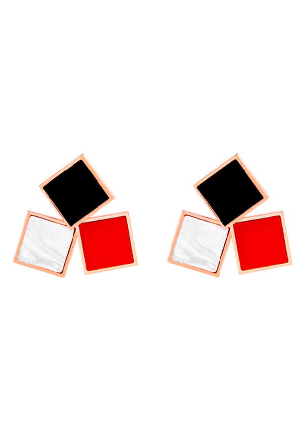 Gabrielle Trendy Tri-Color Geometric Square in Rose Gold Stud Earrings