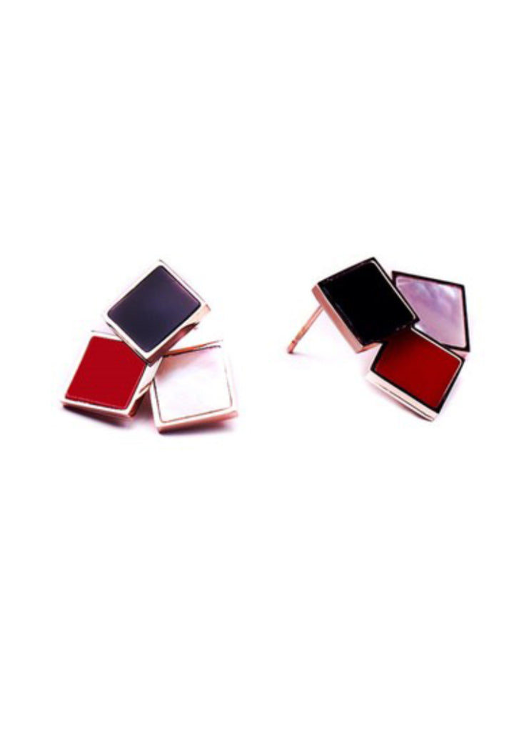 Gabrielle Trendy Tri-Color Geometric Square in Rose Gold Stud Earrings
