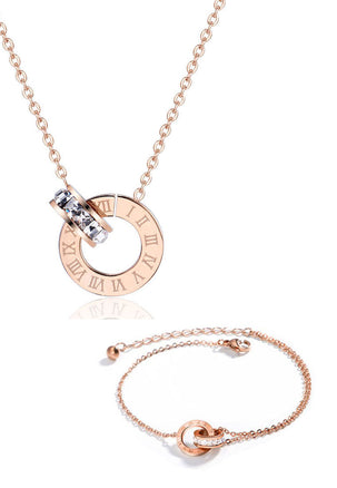 Athena Classic Interlocking Roman Numeral Necklace with Bracelet Gift Bundle in Rose Gold