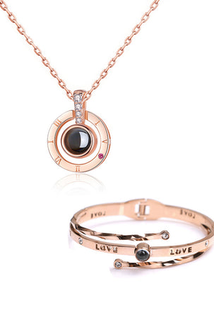 Fayre 100 Languages I Love You in Projection Necklace with Bracelet Gift Bundle in Rose Gold