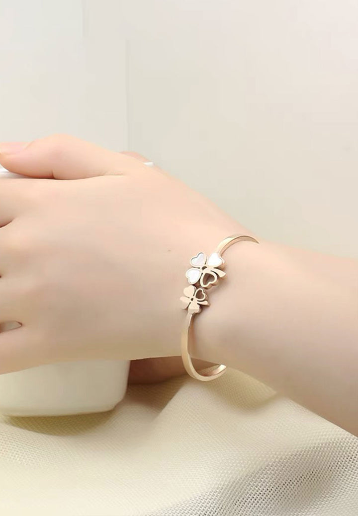 Celovis Jewellery Liliane Clover Leaf Flower Cuff with White Inlay Spring Hinged Bangle in Rose Gold