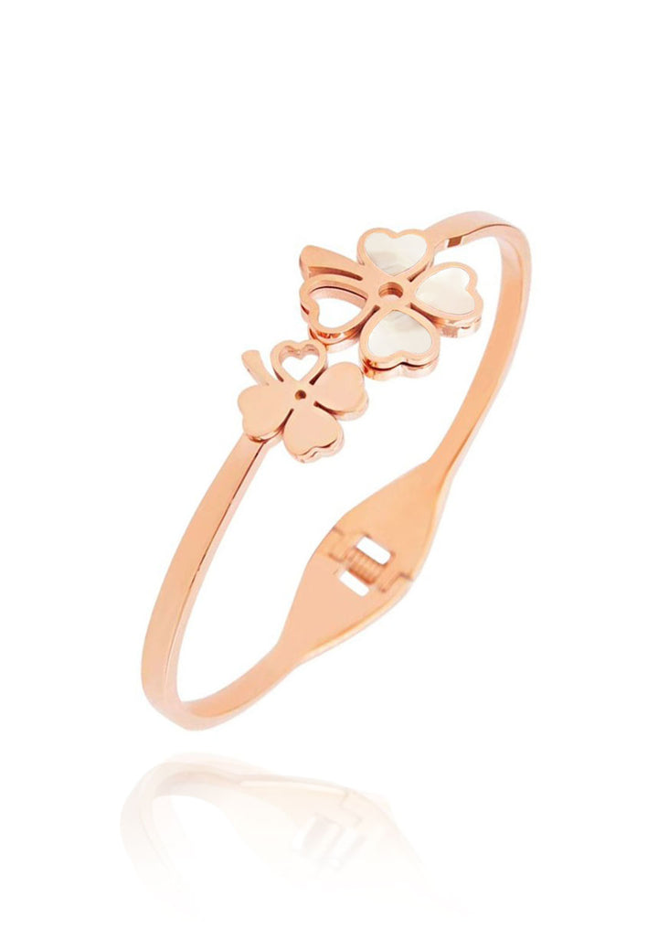 Celovis Jewellery Liliane Clover Leaf Flower Cuff with White Inlay Spring Hinged Bangle in Rose Gold