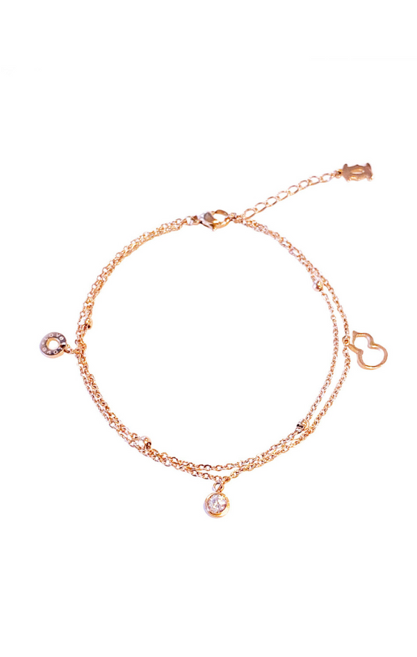Lucky Blessed Hulu Pendant Multi-Layer Chain with Cubic Zirconia Anklet in Rose Gold
