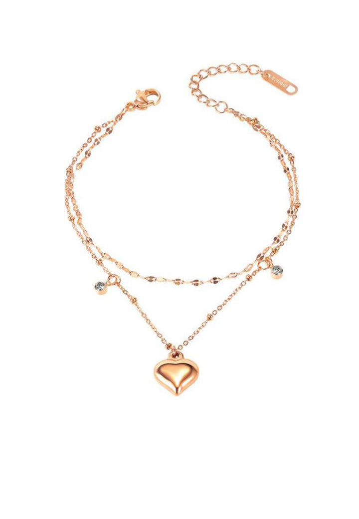 Celovis Jewellery Devonne Heart Drop Bijoux Pendant on Multi-Chain Layer Anklet in Rose Gold