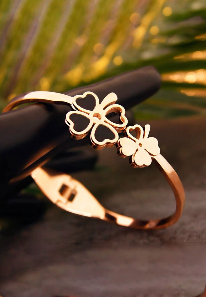 Celovis Jewellery Liliane Clover Leaf Flower Cuff with Black Inlay Spring Hinged Bangle in Rose Gold