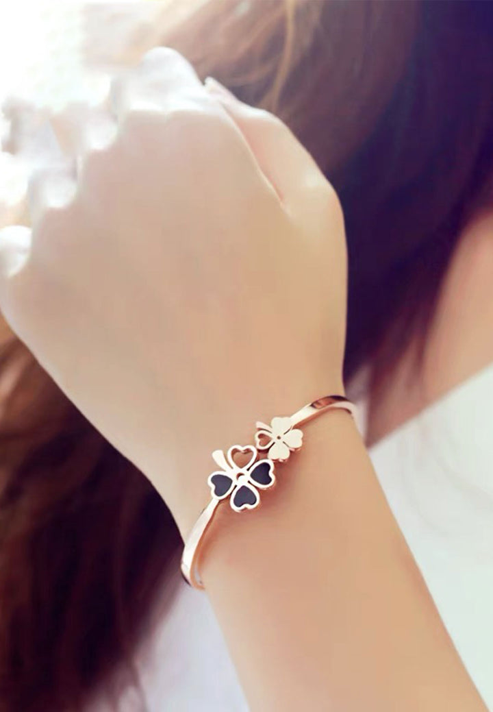 Celovis Jewellery Liliane Clover Leaf Flower Cuff with Black Inlay Spring Hinged Bangle in Rose Gold