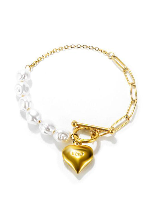 Margaux Engraved "Love" Heart Pendant with White Baroque Pearls Bracelet in Gold