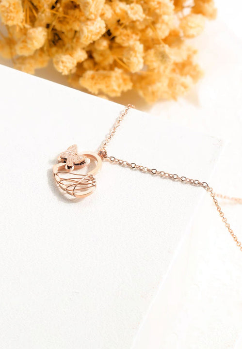 Celovis Jewellery McQueen Butterfly with Hollow Entwined Heart Necklace in Rose Gold
