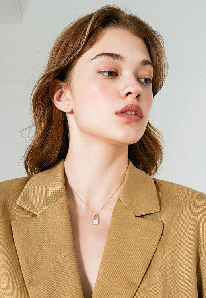 Celovis Jewellery Ethereal Lock with Engravable White Mother Pearl Pendant Chain Necklace in Rose Gold