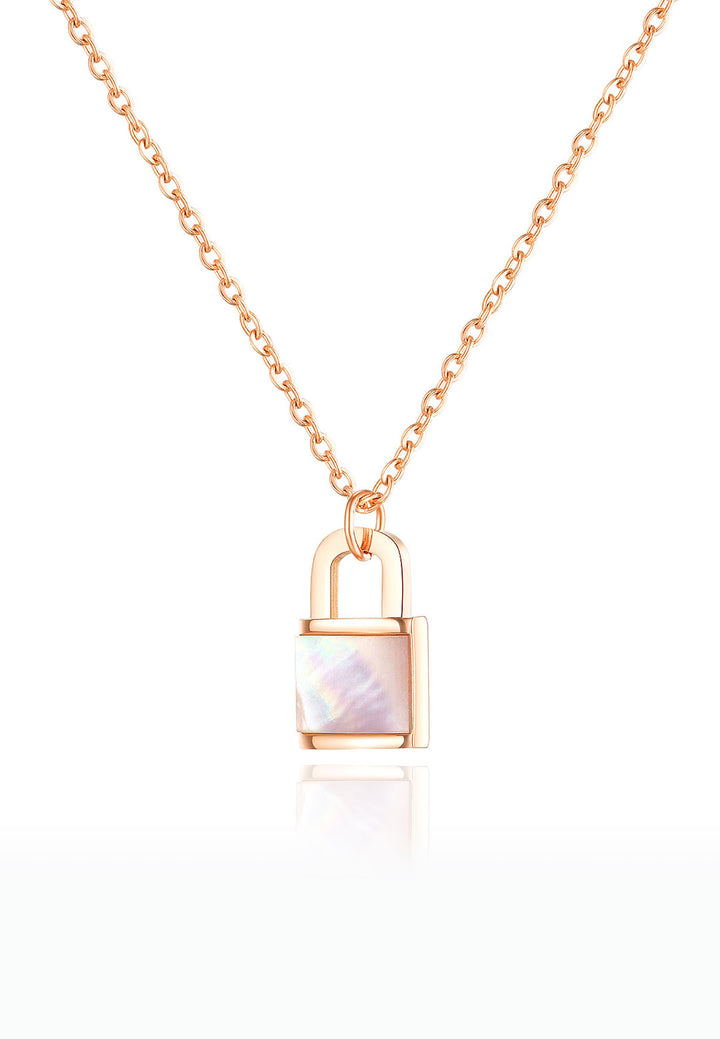 Celovis Jewellery Ethereal Lock with Engravable White Mother Pearl Pendant Chain Necklace in Rose Gold
