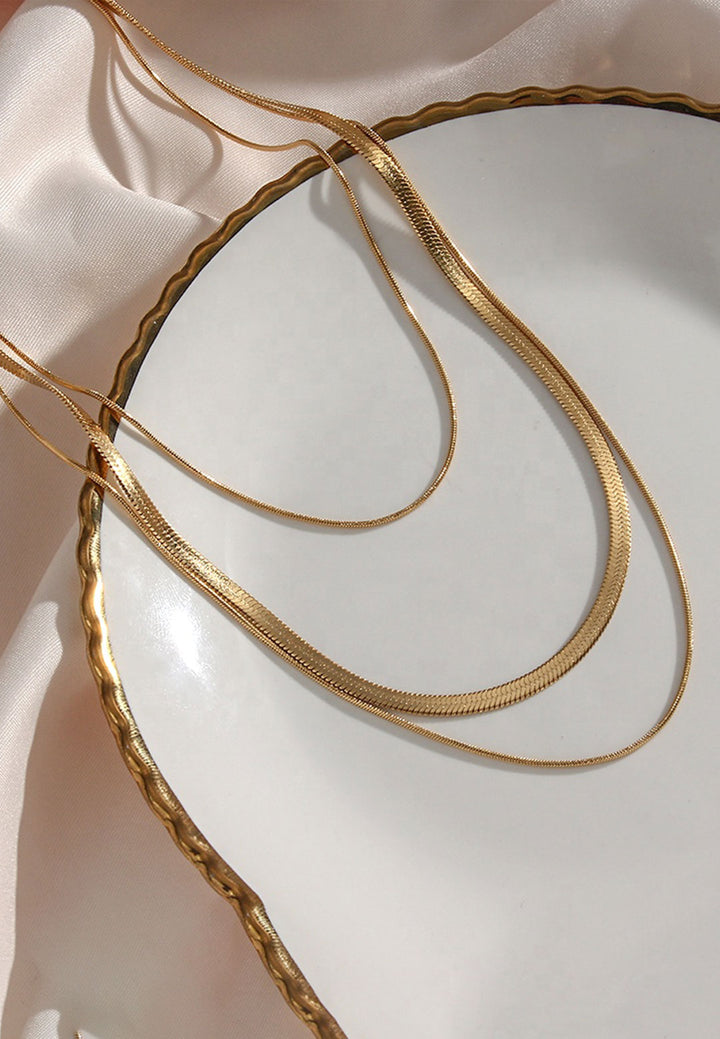 Celovis Jewellery Sahara Herringbone Plain Three Layer Chain Necklace in Gold