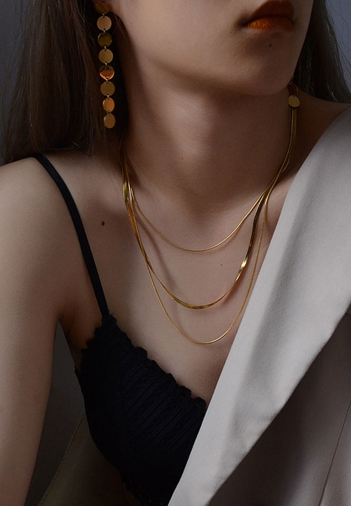 Celovis Jewellery Sahara Herringbone Plain Three Layer Chain Necklace in Gold