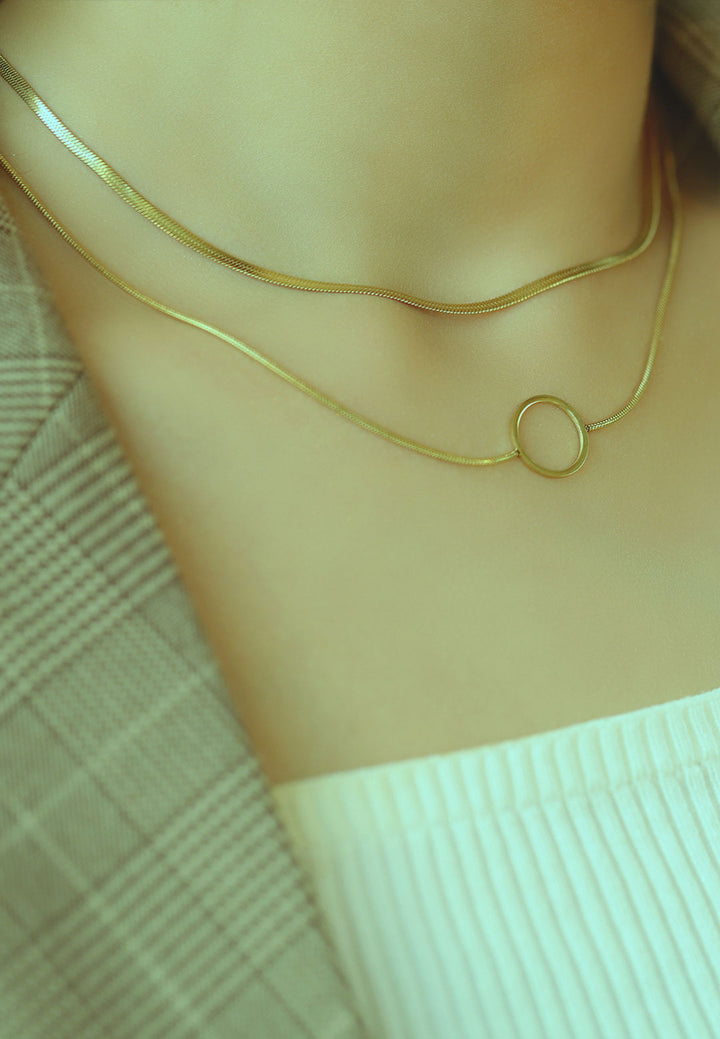 Celovis Jewellery Solana Moon Circle Pendant on Multi-Layer Herringbone Chain Necklace in Gold