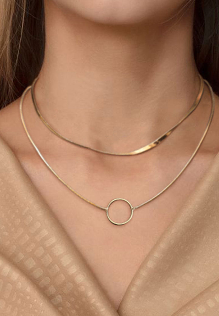 Celovis Jewellery Solana Moon Circle Pendant on Multi-Layer Herringbone Chain Necklace in Gold