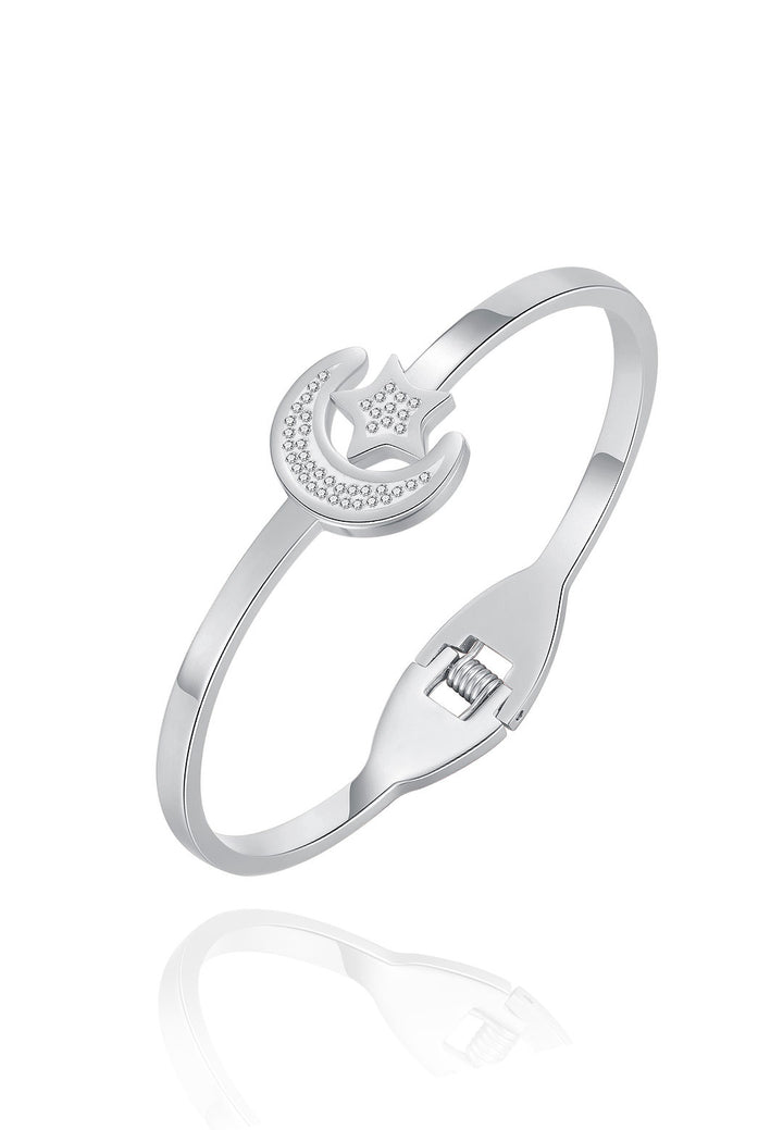 Celovis Liviana Crescent Moon and Star Cuff Lock with Cubic Zirconia Spring Bangle