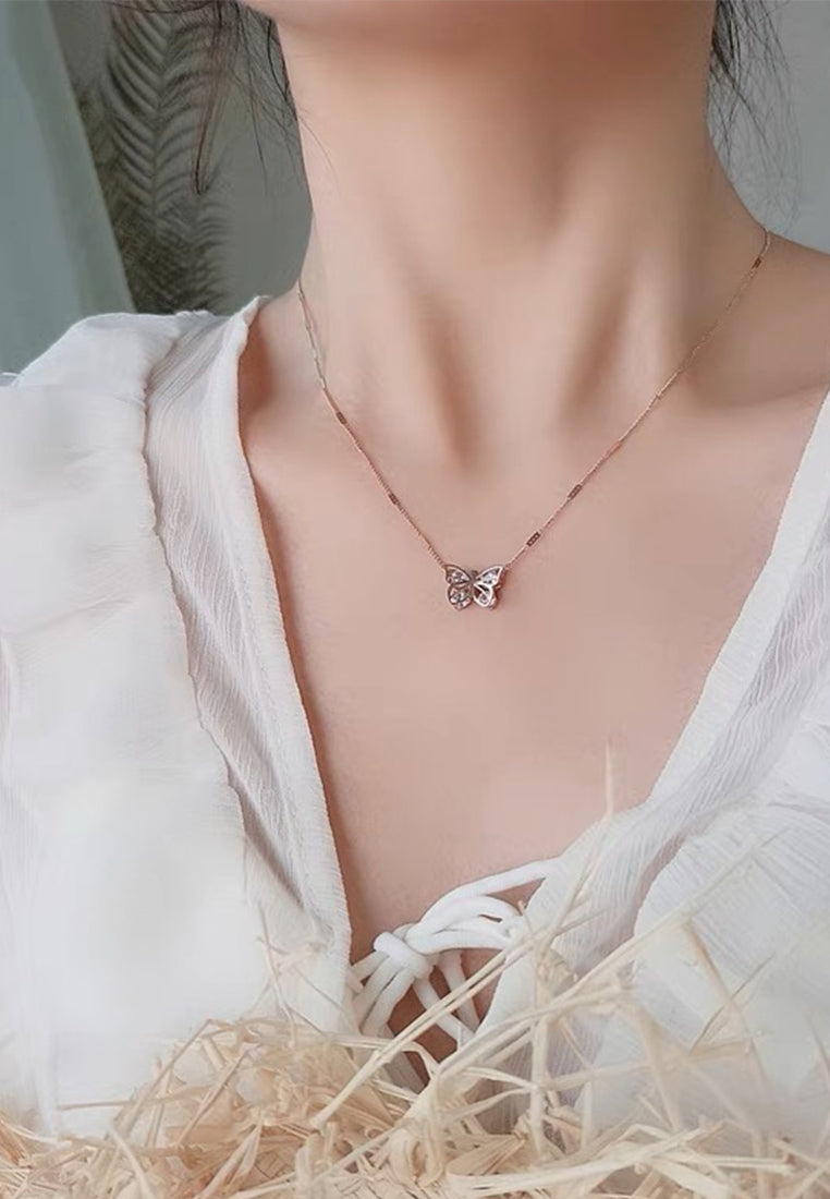 Angelette Butterfly with Zirconia Wings Pendant Chain Necklace in Rose Gold