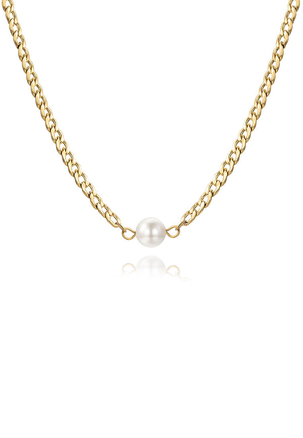 Joelie Pearl Curb Chain Link Necklace in Gold