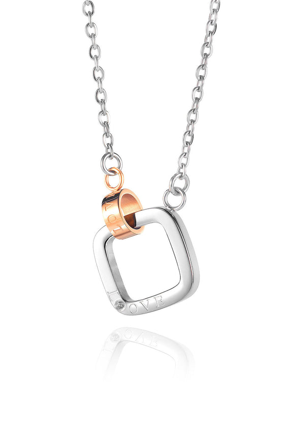 Affection Love Square Interlocking Rose Gold Ring Pendant Chain Necklace