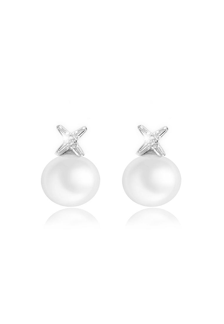 Renee 白色珍珠耳钉与十字方晶锆石金耳环