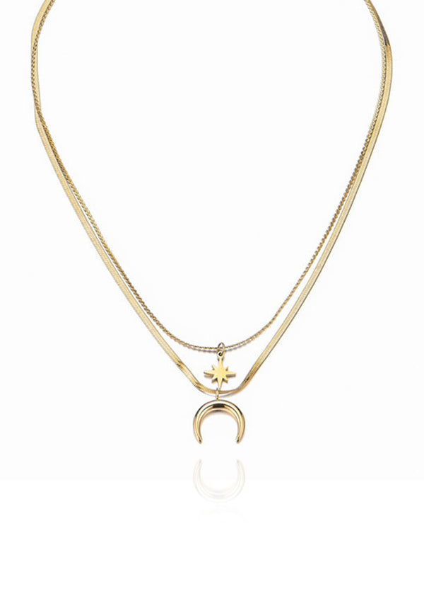 Celovis Jewellery Asteria Star and Crescent Moon Pendant with Layer Choker Chain Necklace in Gold