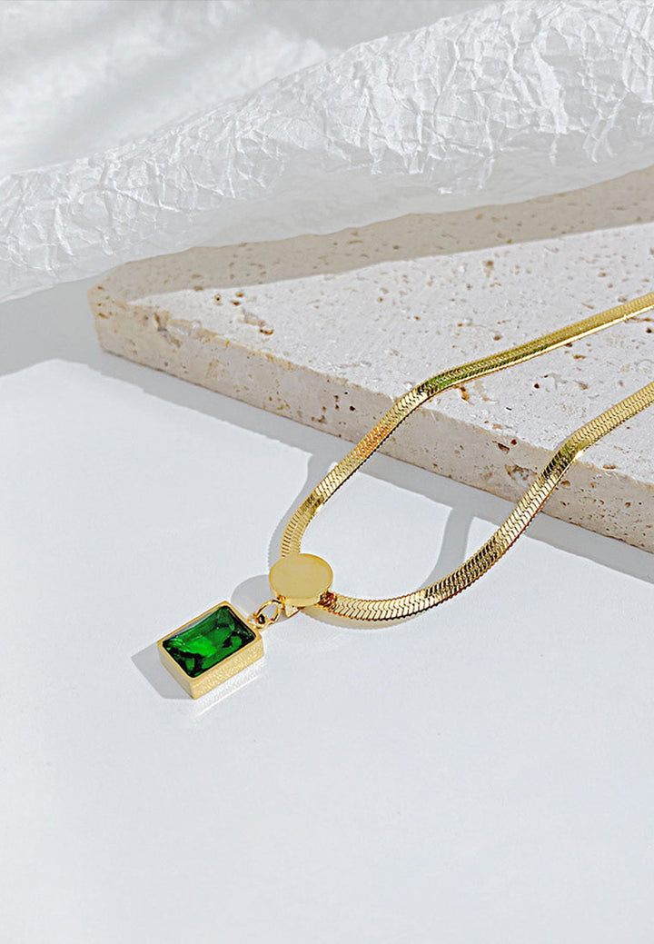 Celovis Elea Emerald Green Cubic Zirconia Engravable Pendant Snake Chain Necklace in Gold