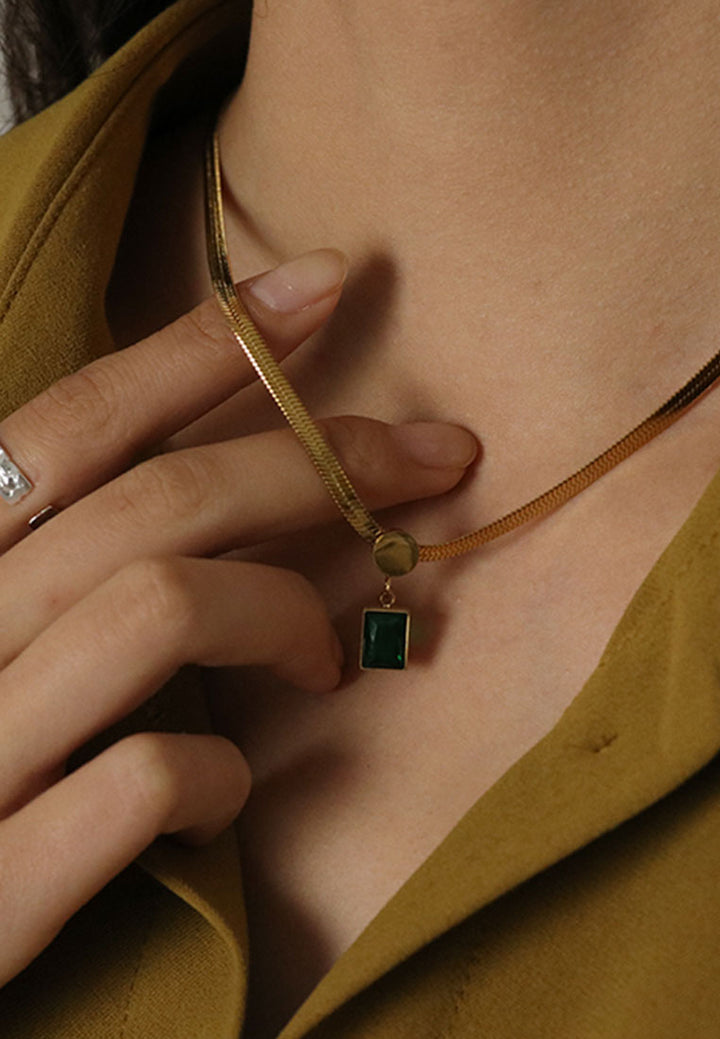 Celovis Elea Emerald Green Cubic Zirconia Engravable Pendant Snake Chain Necklace in Gold