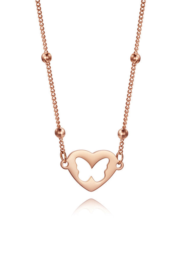 Celovis Jewellery Zoya Heart with Carved-out Butterfly Pendant on Bead-Link Chain Necklace in Rose Gold