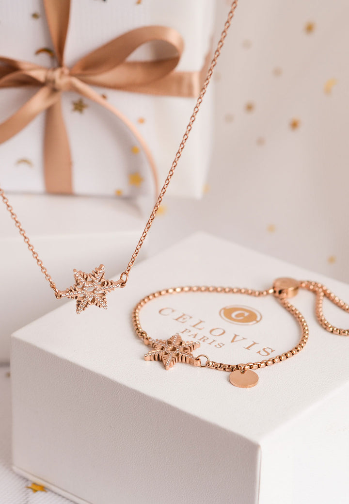Celovis Christmas Collection - Stellar Snow Crystal Necklace and Bracelet Set in Rose Gold
