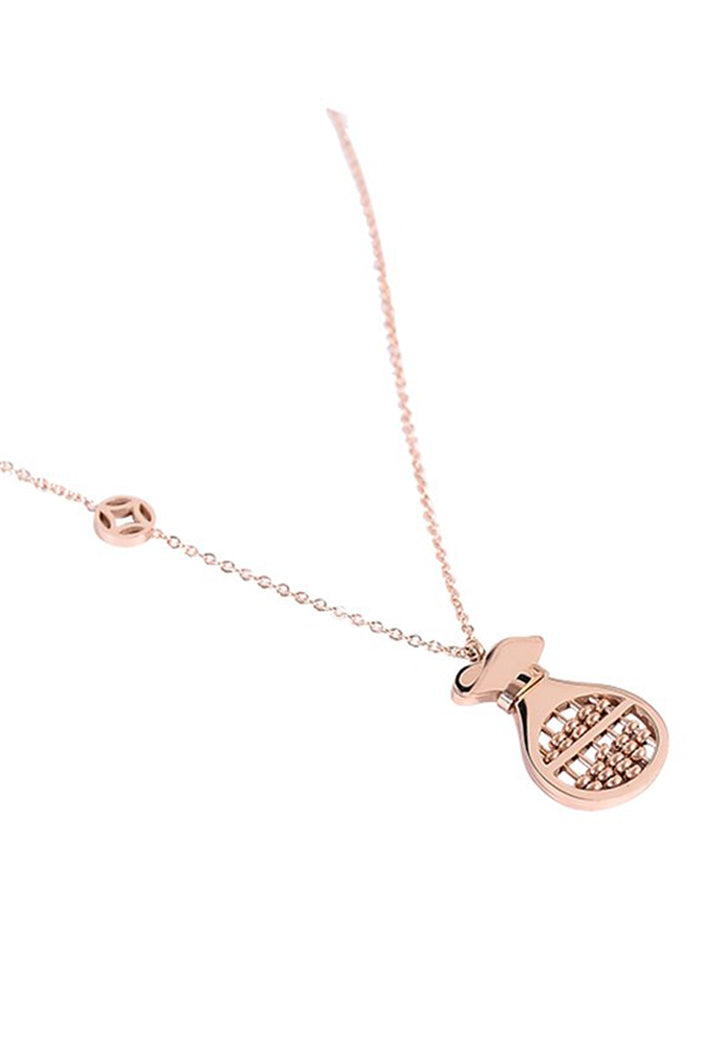 Prosperity Money Bag Abacus Pendant in Rose Gold Chain Necklace
