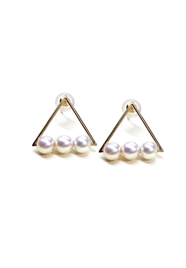 Rhapsody Hollow Triangle with binding White Pearls Stud Earrings