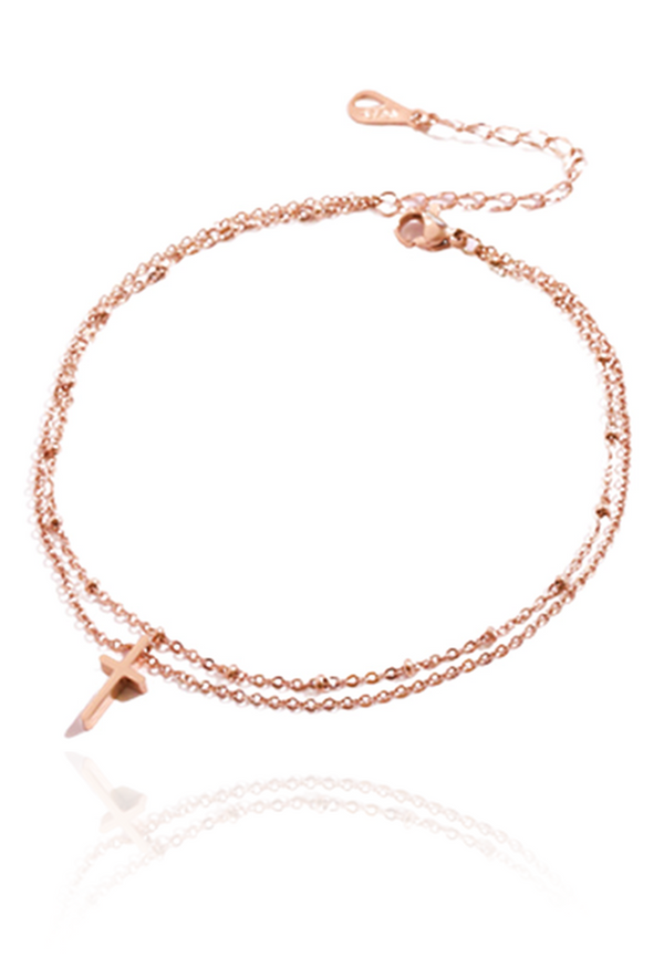 Krissy Dainty Cross Pendant Double Chain Anklet in Rose Gold