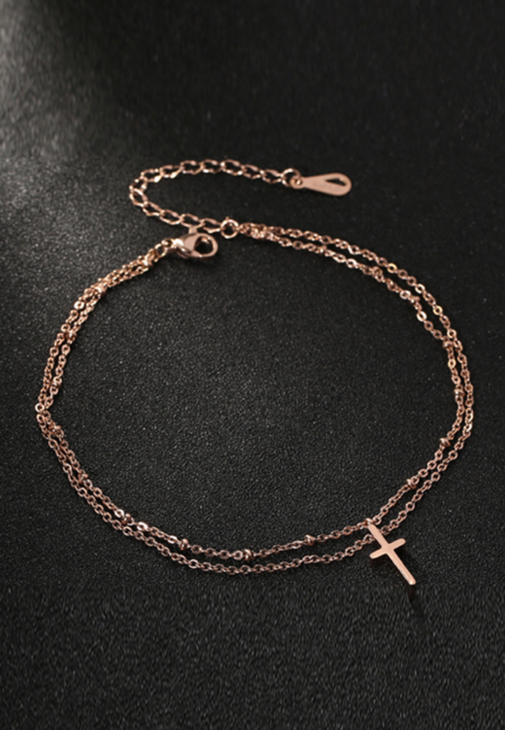 Krissy Dainty Cross Pendant Double Chain Anklet in Rose Gold
