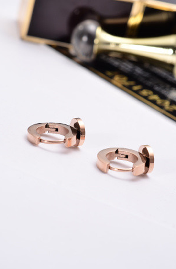 Orla with Round Roman Numeral Rose Gold Huggie Hoop Earrings