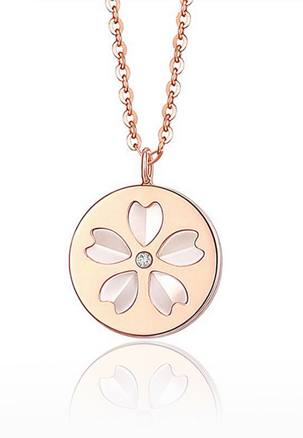 樱花双面白色珍珠母玫瑰金项链镶有 0.005 克拉钻石