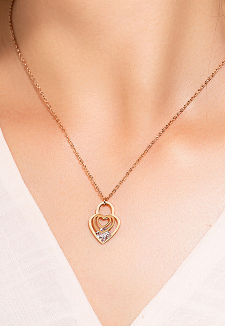 Celovis Jewellery - Cristal Heart Lock with Princess Cut Cubic Zirconia Necklace in Rose Gold