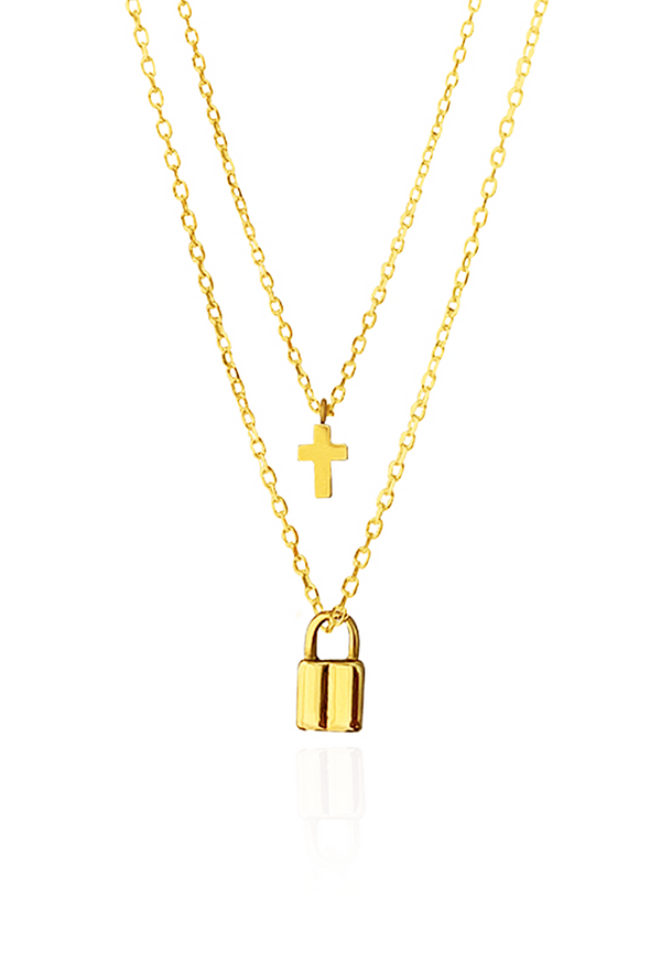 Commitment Mini Love Lock with Symbolic Cross Multi-Layer Necklace