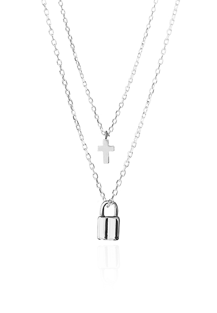 Commitment Mini Love Lock with Symbolic Cross Multi-Layer Necklace