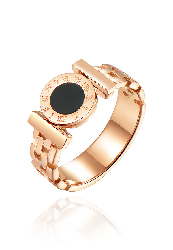 Aubree Black Round Roman Numeral Ring in Rose Gold