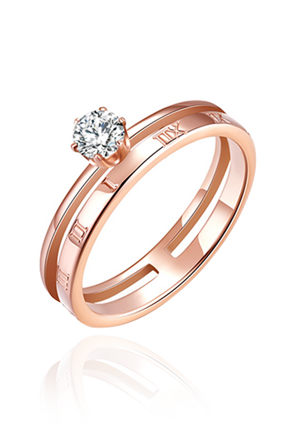 Callista Zirconia Solitaire Roman Numeral Double Band Ring in Rose Gold
