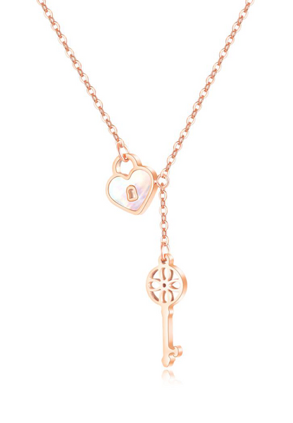 Promise Heart Lock and Drop Key Necklace in Rose Gold