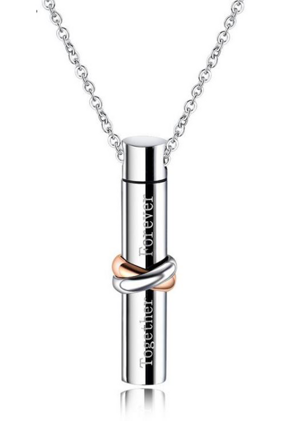 Soulmate "Together Forever" Keepsake Ash Memento with Two Tone Binding Ring Cylinder Bar Necklace in Silver